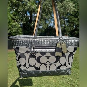 Coach Poppy Gallery Tote Black and Gray Signature Tote Bag Metallic Collection